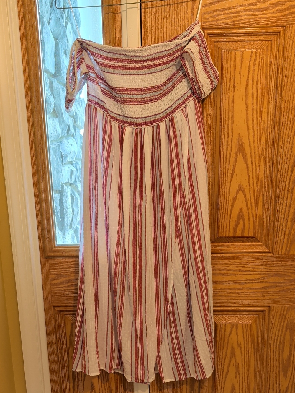 Love Strapples Off-Shoulder Striped Maxi Dress in Pink and White And Light Blue